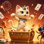 SBOBET เข้าสู่ระบบ เว็บตรง illustrates a vibrant 3D casino scene featuring a mummy cat and scarab beetle amidst slot elements.