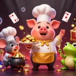 Experience Baccarat888 action with our chef pig serving gold coins amidst lively casino elements!
