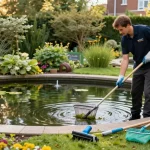 Pond Clean London - Professional cleaning of a serene garden pond, showcasing maintenance tools and a tranquil environment.
