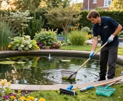Pond Clean London - Professional cleaning of a serene garden pond, showcasing maintenance tools and a tranquil environment.
