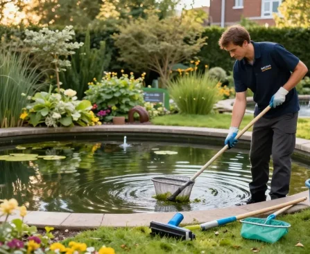 Pond Clean London - Professional cleaning of a serene garden pond, showcasing maintenance tools and a tranquil environment.