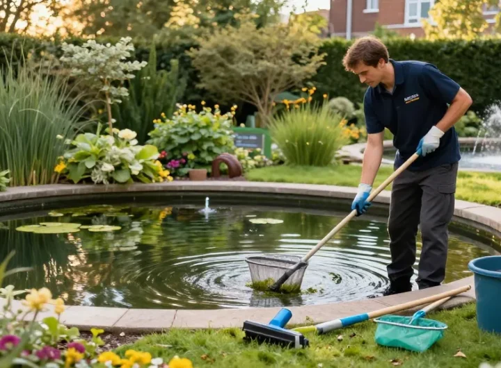 Pond Clean London - Professional cleaning of a serene garden pond, showcasing maintenance tools and a tranquil environment.