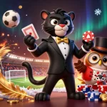 Engage in situs judi bola action with a stylish panther, wise owl, and lucky mouse surrounded by vibrant gaming elements.