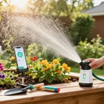 Managing plant care with a rainpoint smart sprinkler controller in a vibrant garden setting.