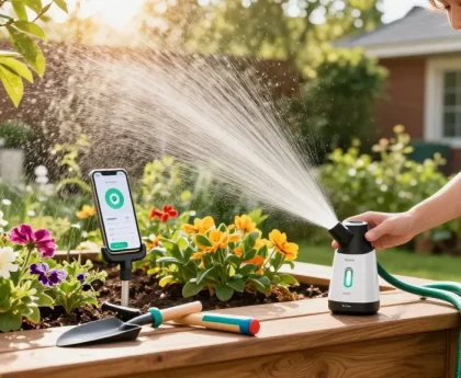 Managing plant care with a rainpoint smart sprinkler controller in a vibrant garden setting.