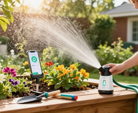 Managing plant care with a rainpoint smart sprinkler controller in a vibrant garden setting.