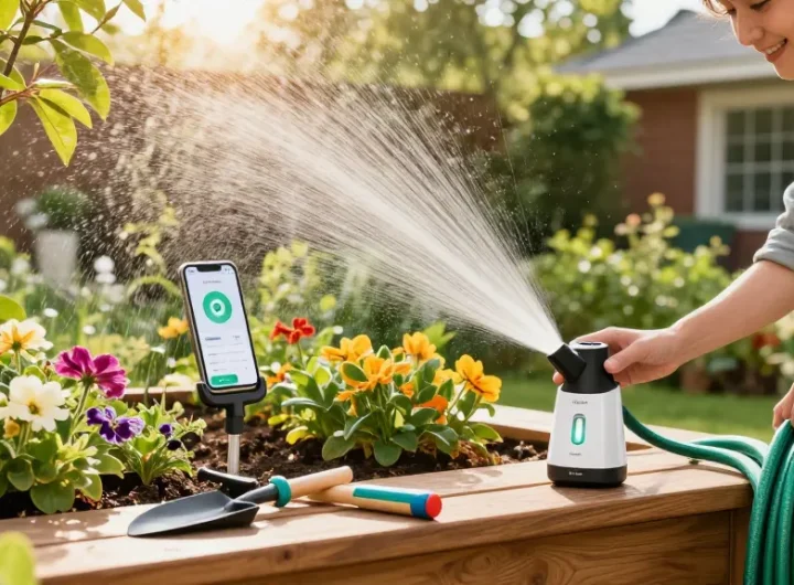 Managing plant care with a rainpoint smart sprinkler controller in a vibrant garden setting.