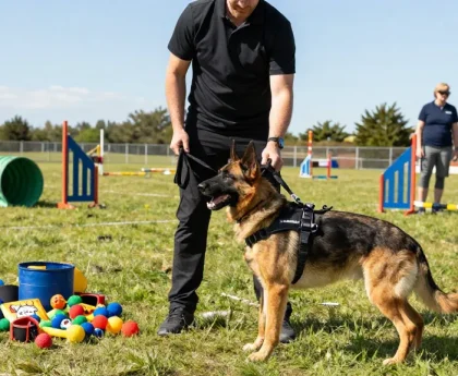 Professional K9 training scene featuring rokok88 daftar harnesses and gear in action.