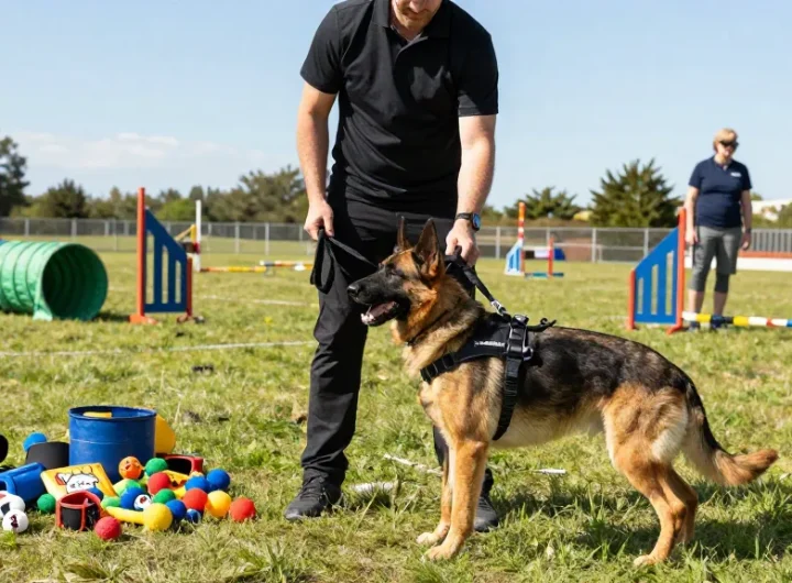 Professional K9 training scene featuring rokok88 daftar harnesses and gear in action.