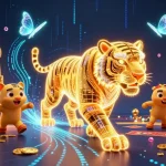 Visualisez le meilleur site de paris sportif avec un tigre lumineux et des symboles de sport dans un casino numérique.