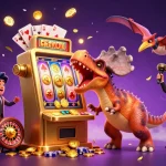 Experience the excitement of slot 5k with a colorful depiction of a dino jackpot frenzy, capturing animated casino action.