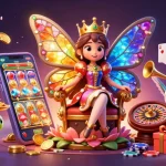 オンライン カジノ スロットでスロットゲームを楽しんでいる蝶の女王の3Dイラスト。