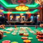 Menggambarkan suasana situs toto di kasino dengan meja permainan dan chip warna-warni.