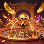 Admirez la scène captivante du casino en ligne argent réel où une araignée dorée et un croupier mille-pattes s'affrontent dans un univers enrichi.
