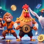 Illustration d'un casino en ligne qui paye le plus avec un coq muay thaï et un singe karaté, entourés de pièces Bitcoin.