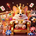 Illustration d'application casino en ligne argent réel avec des corgis royaux sur un trône de jetons, entourés d'éléments de jeu.