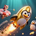 Plongez dans le monde du casino crypto avec un pingouin doré propulsé par une fusée, dispersant des pièces tout en s'approchant d'une station spatiale en forme de jeton de poker.