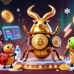 Illustration dynamique d'un casino en ligne qui paye le plus, avec un scarabée doré en ceinture de champion, pièces de crypto-monnaie et effets lumineux.