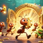 Engage in thrilling excitement at credit card casinos with ants heisting a giant poker chip amidst sparkling treasures.