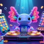 Illustration de casino en ligne France avec un DJ axolotl sous-marin et un jeu de machines à sous.