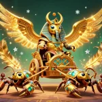 Illustration dynamique de "nouveau casino en ligne" avec un scarabée doré et des scorpions, jetons de poker en jeu.