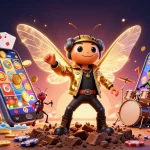 オンラインカジノ ブラックジャック おすすめのシーンで、3Dイラストのカジノキャラクターたちが集まる賑やかな光景