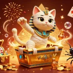Une illustration animée représentant un chat momie égyptien dans un casino pyramidal, mettant en avant le casino en ligne France avec des éléments de jeu.