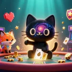 Casino en ligne légal en France : illustration dynamique d’un chat noir trou noir et un renard nébuleux au casino.