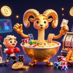 Découvrez le meilleur crypto casino avec un ramen géant et des pièces de Bitcoin en action.
