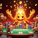 Illustration du nouveau casino en ligne avec un volcan doré, des animaux explorateurs et des éléments de poker.